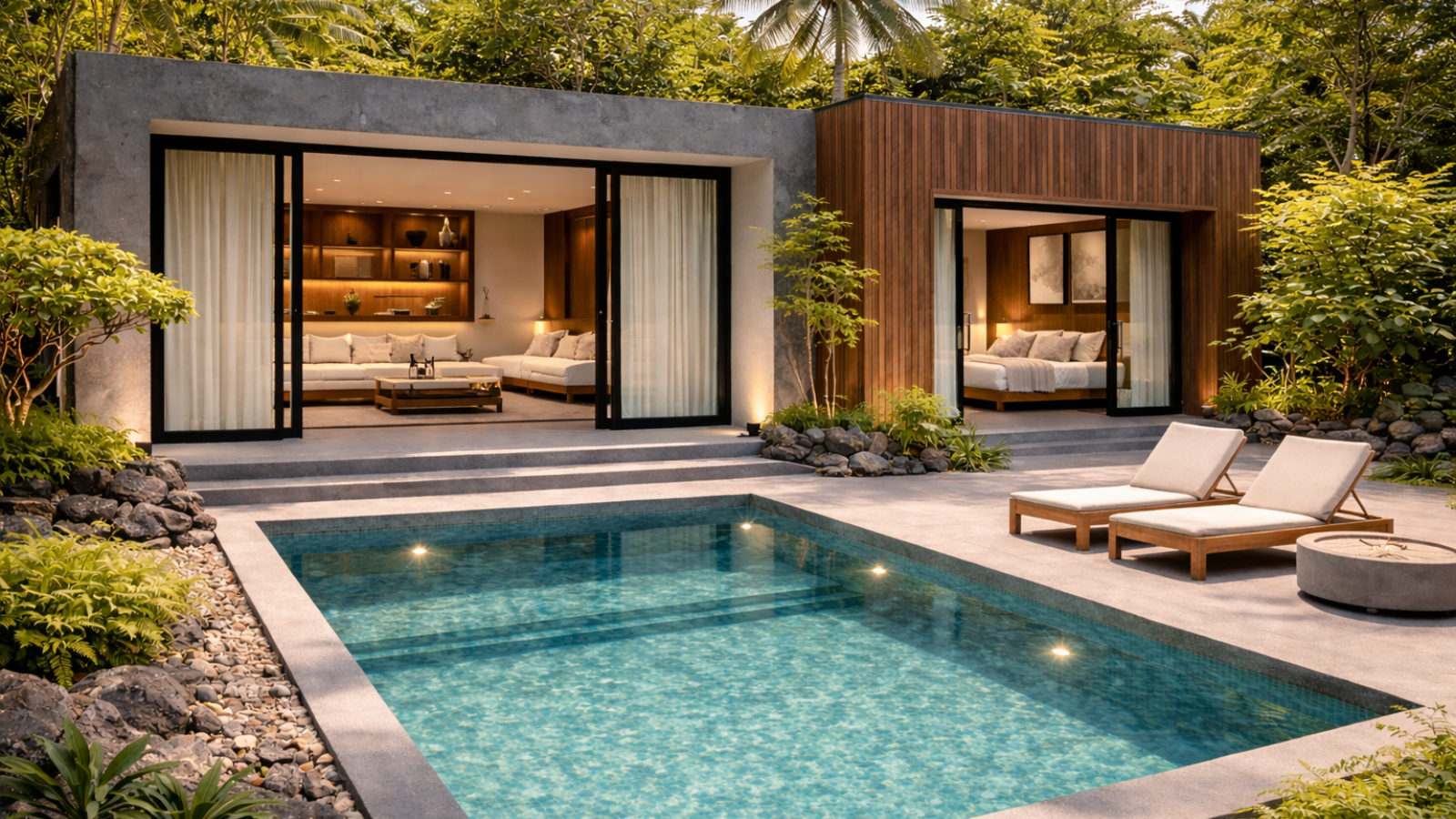 Sire Japandi — hormigón, madera y piscina